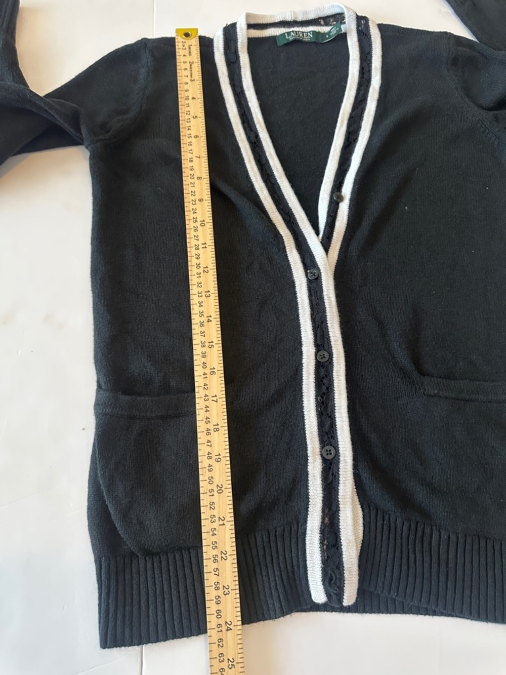 Lauren Ralph Lauren Black S Varsity button up Cardigan White Trim & Lace - Picture 4 of 6